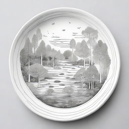 A pictorial interpretation of a forest ecosystem on a plate suitable for drawing, where trees, flora, fauna and water bodies are depicted with line art, rendering a balance between simplicity and intricacy.