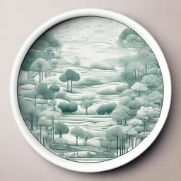 A pictorial interpretation of a forest ecosystem on a plate suitable for drawing, where trees, flora, fauna and water bodies are depicted with line art, rendering a balance between simplicity and intricacy.