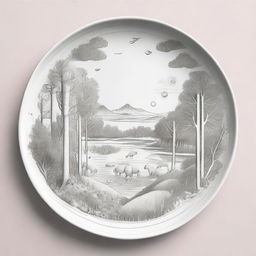 A pictorial interpretation of a forest ecosystem on a plate suitable for drawing, where trees, flora, fauna and water bodies are depicted with line art, rendering a balance between simplicity and intricacy.