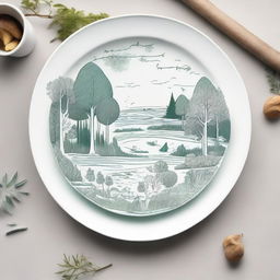 A pictorial interpretation of a forest ecosystem on a plate suitable for drawing, where trees, flora, fauna and water bodies are depicted with line art, rendering a balance between simplicity and intricacy.