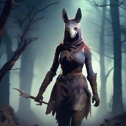 Craft a haunting image of The Huntress from Dead by Daylight. Introduce her in her rabbit mask and battle-axe, prowling in a dust-filled forest under an unnerving moonlit sky, imbue the scene with dread and suspense.