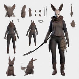 Craft a haunting image of The Huntress from Dead by Daylight. Introduce her in her rabbit mask and battle-axe, prowling in a dust-filled forest under an unnerving moonlit sky, imbue the scene with dread and suspense.