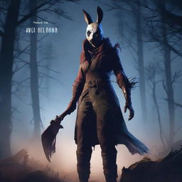 Craft a haunting image of The Huntress from Dead by Daylight. Introduce her in her rabbit mask and battle-axe, prowling in a dust-filled forest under an unnerving moonlit sky, imbue the scene with dread and suspense.