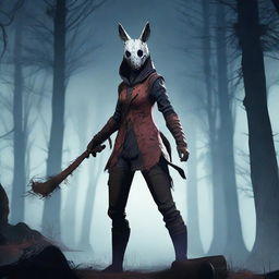 Craft a haunting image of The Huntress from Dead by Daylight. Introduce her in her rabbit mask and battle-axe, prowling in a dust-filled forest under an unnerving moonlit sky, imbue the scene with dread and suspense.