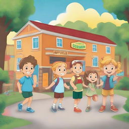 A quaint town named Happyville bustling with joyful children named Emma, Liam, Olivia, Noah, Lilia, Maxim, and Sophia, all congregating at Sunshine Elementary, a school filled with engaging activities and important lessons.