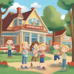 A quaint town named Happyville bustling with joyful children named Emma, Liam, Olivia, Noah, Lilia, Maxim, and Sophia, all congregating at Sunshine Elementary, a school filled with engaging activities and important lessons.