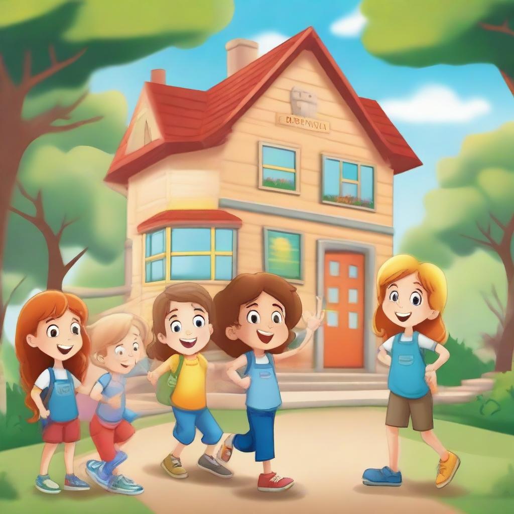 A quaint town named Happyville bustling with joyful children named Emma, Liam, Olivia, Noah, Lilia, Maxim, and Sophia, all congregating at Sunshine Elementary, a school filled with engaging activities and important lessons.