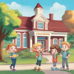 A quaint town named Happyville bustling with joyful children named Emma, Liam, Olivia, Noah, Lilia, Maxim, and Sophia, all congregating at Sunshine Elementary, a school filled with engaging activities and important lessons.