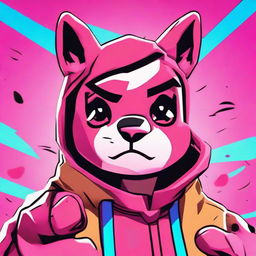 Close-up 2D outline animated style of Fortnite's Cuddle Team Leader's face, giving a thumbs down with expressive eyes amid vibrant colors.