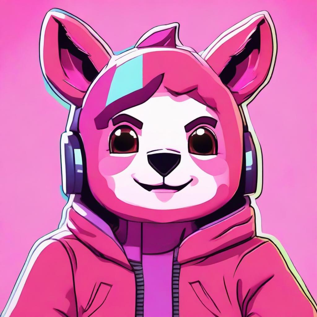 Close-up 2D outline animated style of Fortnite's Cuddle Team Leader's face, giving a thumbs down with expressive eyes amid vibrant colors.