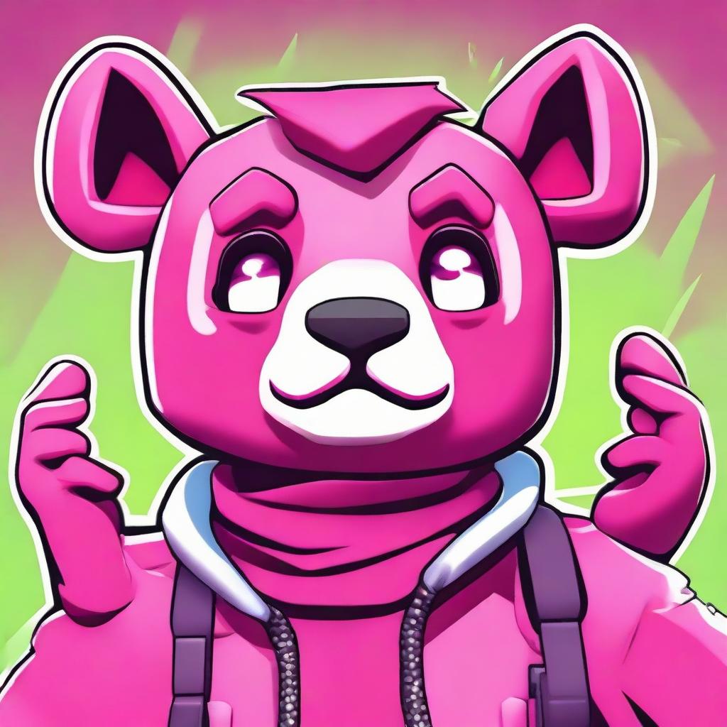 Close-up 2D outline animated style of Fortnite's Cuddle Team Leader's face, giving a thumbs down with expressive eyes amid vibrant colors.