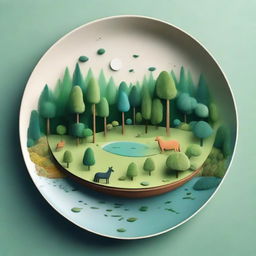 A less stylized, more naturalistic image of a forest ecosystem on a plate, maintaining a balance between realism and simplicity. It includes trees, flora, fauna, and small bodies of water.