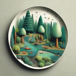 A less stylized, more naturalistic image of a forest ecosystem on a plate, maintaining a balance between realism and simplicity. It includes trees, flora, fauna, and small bodies of water.