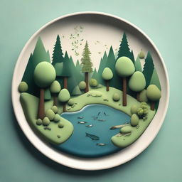 A less stylized, more naturalistic image of a forest ecosystem on a plate, maintaining a balance between realism and simplicity. It includes trees, flora, fauna, and small bodies of water.