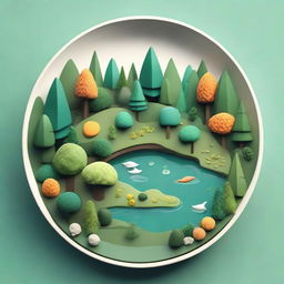 A less stylized, more naturalistic image of a forest ecosystem on a plate, maintaining a balance between realism and simplicity. It includes trees, flora, fauna, and small bodies of water.