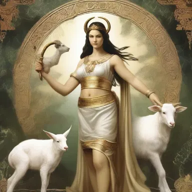 In Greek mythology, the goddess Artemis is often depicted with her sacred animal, the nanny-goat.