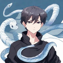 An anime-style boy in a black outfit, a 'Rep T.V.' banner fluttering behind him, confidently wears an ice snake coiled around his neck.