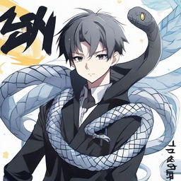 An anime-style boy in a black outfit, a 'Rep T.V.' banner fluttering behind him, confidently wears an ice snake coiled around his neck.