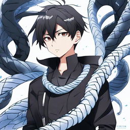 An anime-style boy in a black outfit, a 'Rep T.V.' banner fluttering behind him, confidently wears an ice snake coiled around his neck.