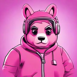 2D outline animated style close-up of Fortnite's Cuddle Team Leader giving a thumbs down, rendered with expressive eyes and vibrant colors.