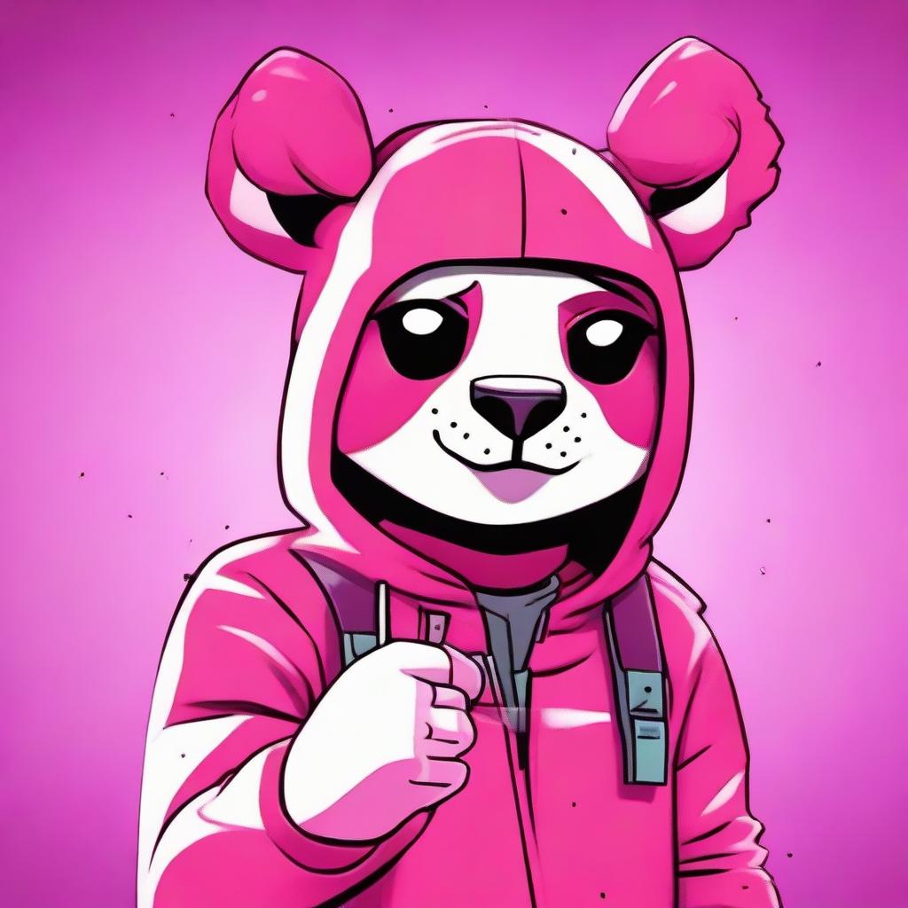 2D outline animated style close-up of Fortnite's Cuddle Team Leader giving a thumbs down, rendered with expressive eyes and vibrant colors.