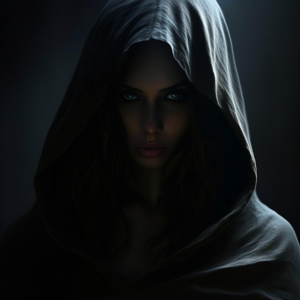 A mysterious woman shrouded in shadows, her identity concealed by a hooded cloak, eyes enigmatic and inscrutable.