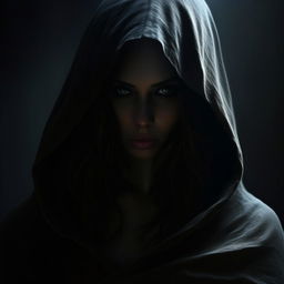 A mysterious woman shrouded in shadows, her identity concealed by a hooded cloak, eyes enigmatic and inscrutable.