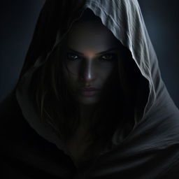 A mysterious woman shrouded in shadows, her identity concealed by a hooded cloak, eyes enigmatic and inscrutable.