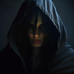 A mysterious woman shrouded in shadows, her identity concealed by a hooded cloak, eyes enigmatic and inscrutable.