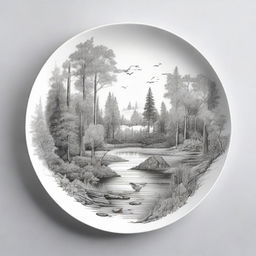 A hybrid image that merges the qualities of a drawing and a picture of a forest ecosystem on a plate, balancing the artistic simplicity of line work with the photorealism of natural elements, flora, fauna and water bodies.