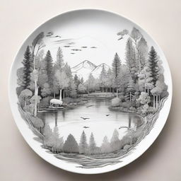 A hybrid image that merges the qualities of a drawing and a picture of a forest ecosystem on a plate, balancing the artistic simplicity of line work with the photorealism of natural elements, flora, fauna and water bodies.