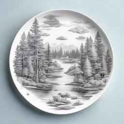 A hybrid image that merges the qualities of a drawing and a picture of a forest ecosystem on a plate, balancing the artistic simplicity of line work with the photorealism of natural elements, flora, fauna and water bodies.