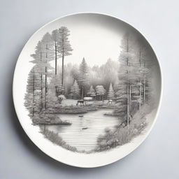 A hybrid image that merges the qualities of a drawing and a picture of a forest ecosystem on a plate, balancing the artistic simplicity of line work with the photorealism of natural elements, flora, fauna and water bodies.