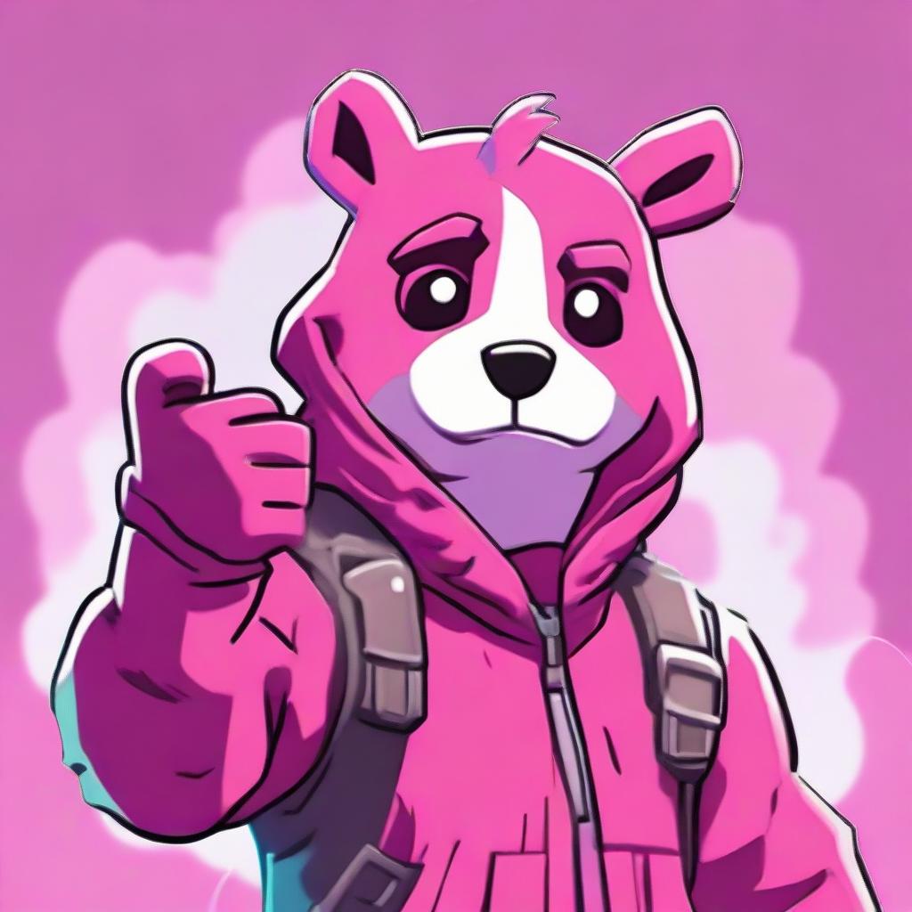 Close-up of Fortnite's Cuddle Team Leader giving a thumbs down, designed in 2D outline animated style with vibrant colors and expressive eyes.