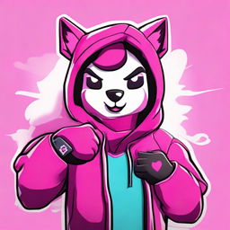 Close-up of Fortnite's Cuddle Team Leader giving a thumbs down, designed in 2D outline animated style with vibrant colors and expressive eyes.