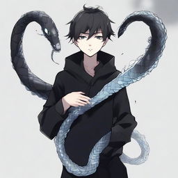 An anime-style boy clad in black, imbued with an aura of reputation, with an ice snake comfortably coiled around his neck.