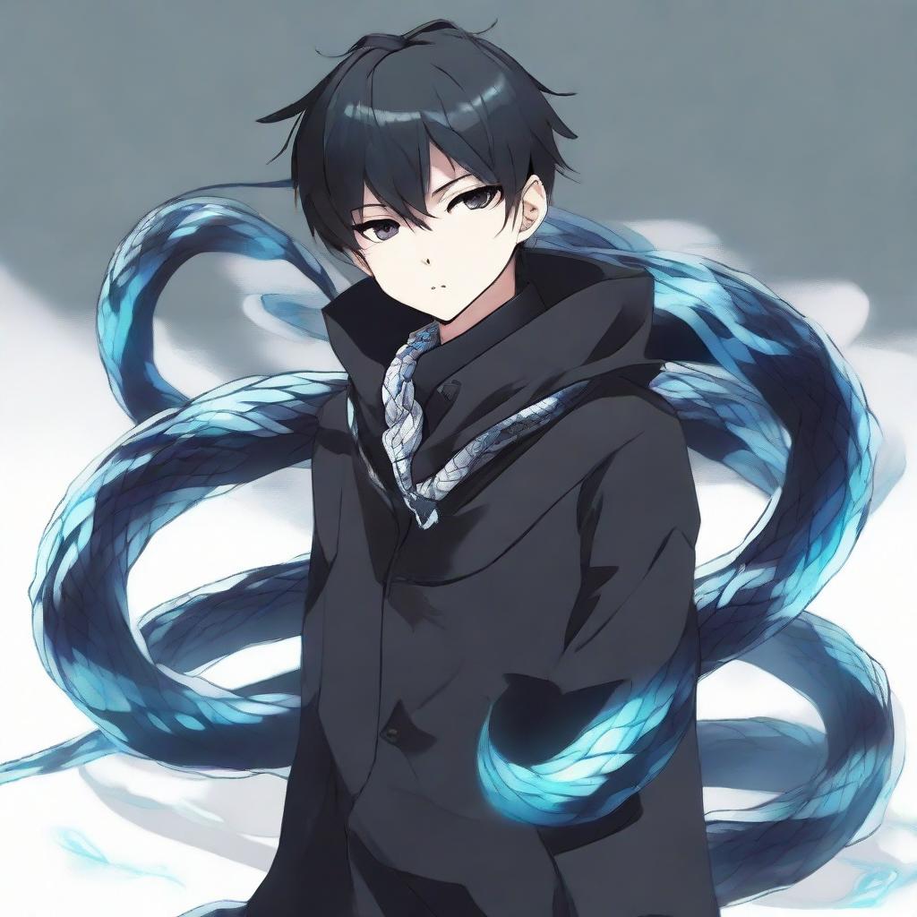 An anime-style boy clad in black, imbued with an aura of reputation, with an ice snake comfortably coiled around his neck.