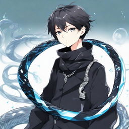 An anime-style boy clad in black, imbued with an aura of reputation, with an ice snake comfortably coiled around his neck.