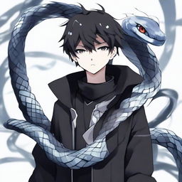 An anime-style boy clad in black, imbued with an aura of reputation, with an ice snake comfortably coiled around his neck.