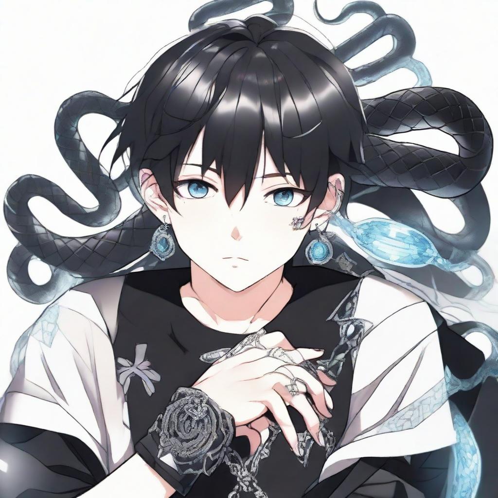 Anime style boy dressed in a black shirt with 'Rep T.V.' emblazoned on it, wearing an intricate ice snake-shaped ring.