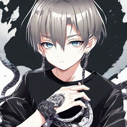 Anime style boy dressed in a black shirt with 'Rep T.V.' emblazoned on it, wearing an intricate ice snake-shaped ring.