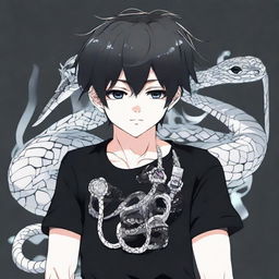 Anime style boy dressed in a black shirt with 'Rep T.V.' emblazoned on it, wearing an intricate ice snake-shaped ring.