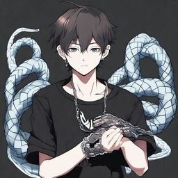 Anime style boy dressed in a black shirt with 'Rep T.V.' emblazoned on it, wearing an intricate ice snake-shaped ring.