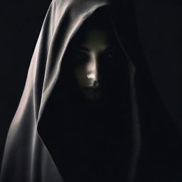 A mysterious woman shrouded in shadows, her identity hidden beneath a cloak