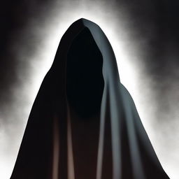 A mysterious woman shrouded in shadows, her identity hidden beneath a cloak