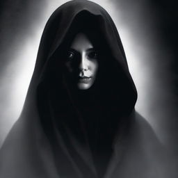 A mysterious woman shrouded in shadows, her identity hidden beneath a cloak