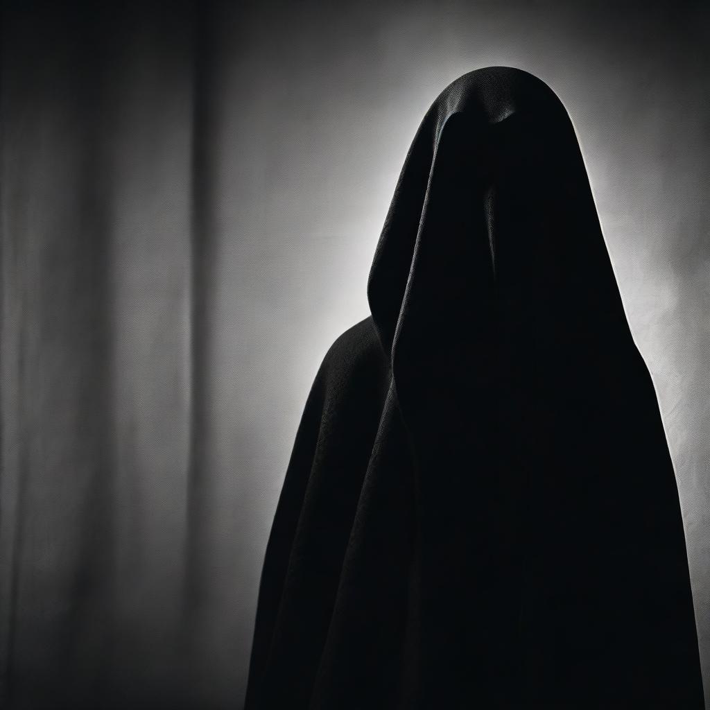 A mysterious woman shrouded in shadows, her identity hidden beneath a cloak