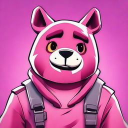 Close-up 2D outline animated style of Fortnite's Cuddle Team Leader's face, giving a thumbs down with expressive eyes and vibrant colors.