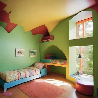 The architect designed a playful and whimsical room for the tiddler, with colorful furniture and a treehouse bed.