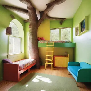 The architect designed a playful and whimsical room for the tiddler, with colorful furniture and a treehouse bed.